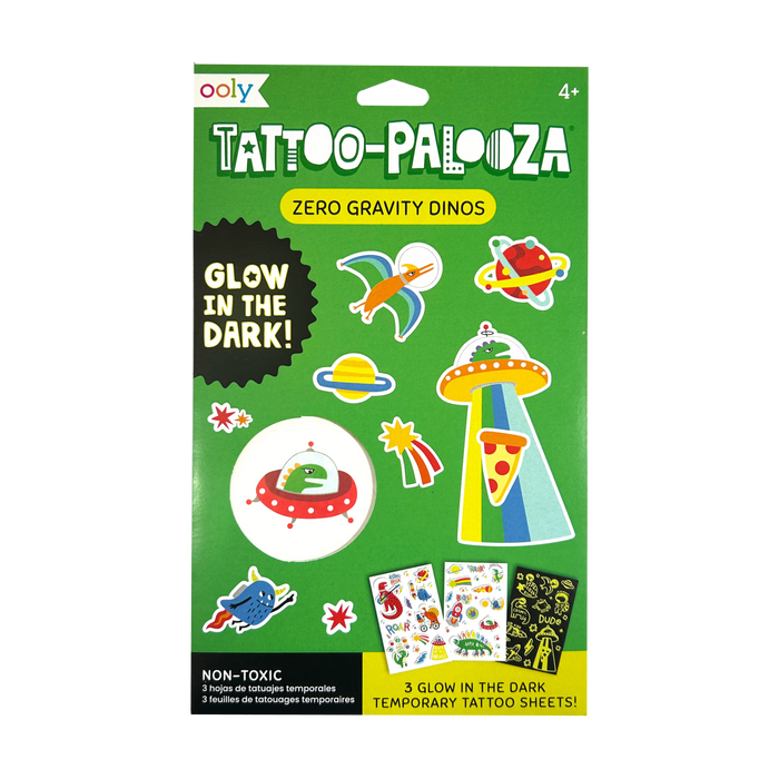Front of packaging of OOLY Tattoo-Palooza Glow in the Dark Temporary Tattoos - Zero Gravity Dinos