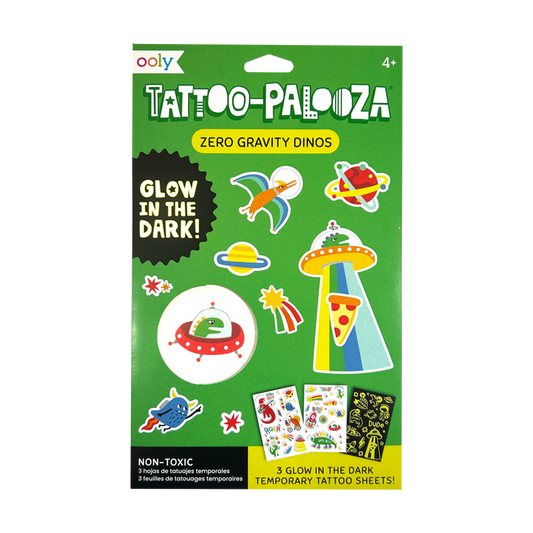 Front of packaging of OOLY Tattoo-Palooza Glow in the Dark Temporary Tattoos - Zero Gravity Dinos