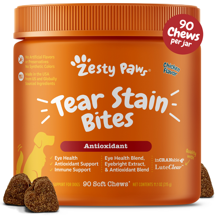 Orange jar of Zesty Paws Tear Stain Bites dog chews with chicken flavor, containing 90 soft chews.