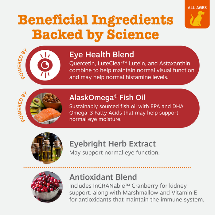 Infographic displaying tear stain bite ingredients including eye health blend, fish oil, herb extract, and antioxidant blend
