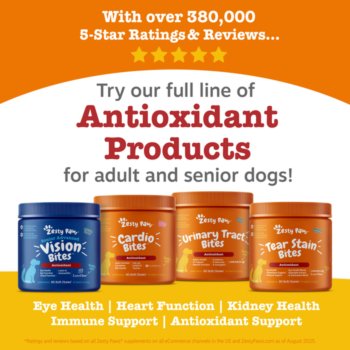 Four bottles of dog supplement bites in blue, orange, and tan containers labeled Vision Bites, Cardio Bites, Urinary Tract Bi