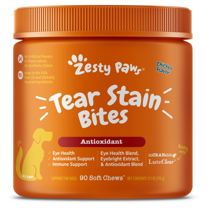 Orange jar of Zesty Paw Tear Stain Bites dog treats with chicken flavor, 90 soft chews.