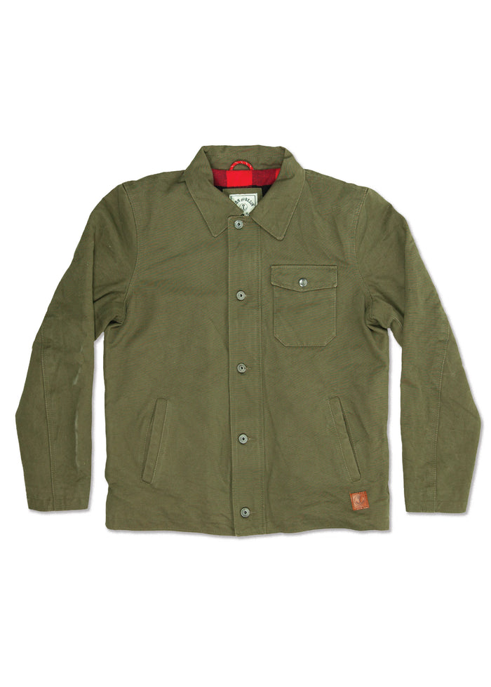 Olive green jacket with button closure, chest pocket, and red lining. Features a small logo patch on the lower front.