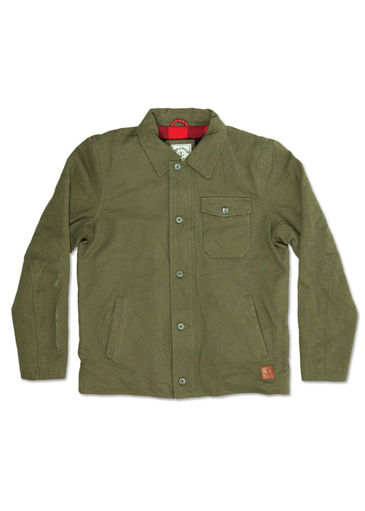 Olive green jacket with button closure, chest pocket, and red lining. Features a small logo patch on the lower front.