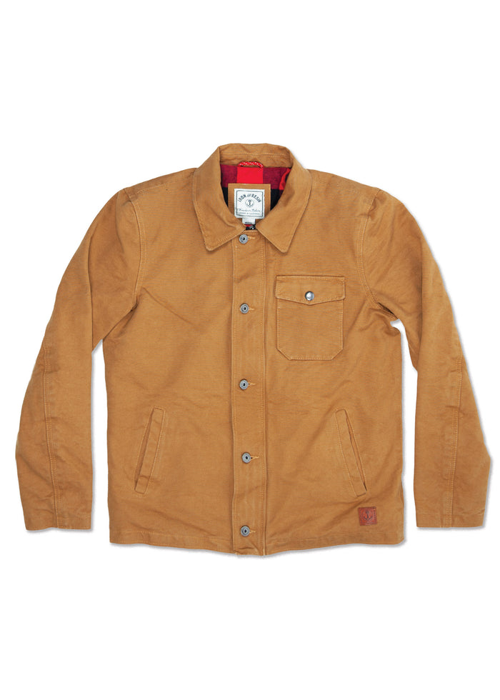 Brown canvas jacket with button front, chest pocket, and red lining. Features a collar and two side pockets. Casual style.