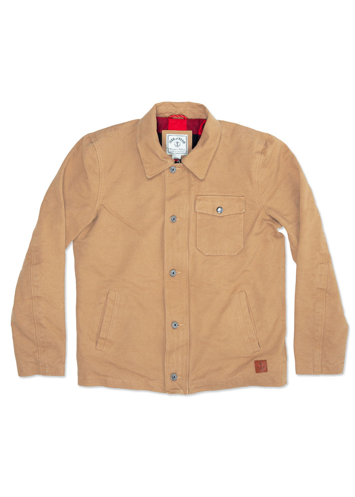 Tan button-up jacket with a collar and chest pocket, featuring a red lining and a small leather patch on the lower front.