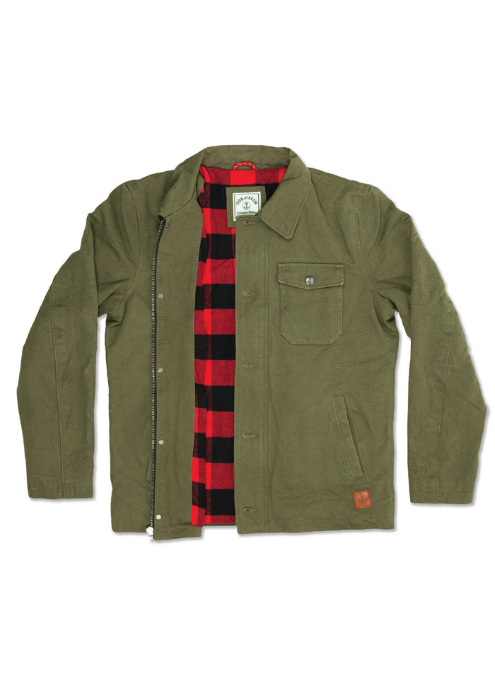 Olive green jacket with red plaid lining, buttoned pocket, and zipper. Casual style, perfect for layering in cool weather.
