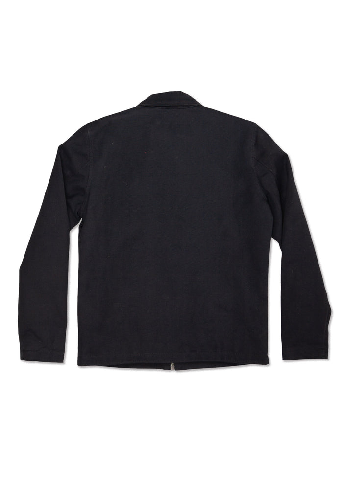 Black long-sleeve jacket shown from the back, featuring a simple design with a collar, suitable for casual or formal wear.