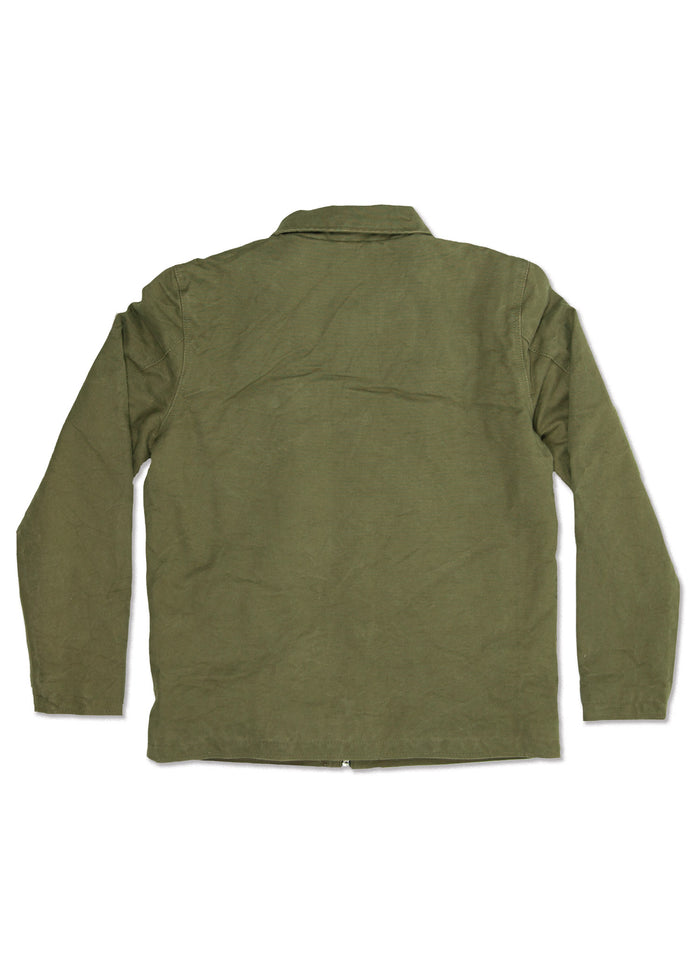 Back view of a long-sleeve, olive green jacket with a collar, laid flat. The fabric appears sturdy and casual.