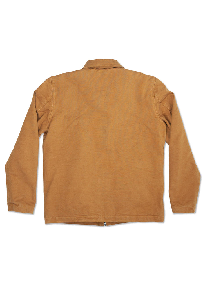 Brown jacket shown from the back, featuring long sleeves and a collar, made of sturdy fabric, laid flat against a white background.