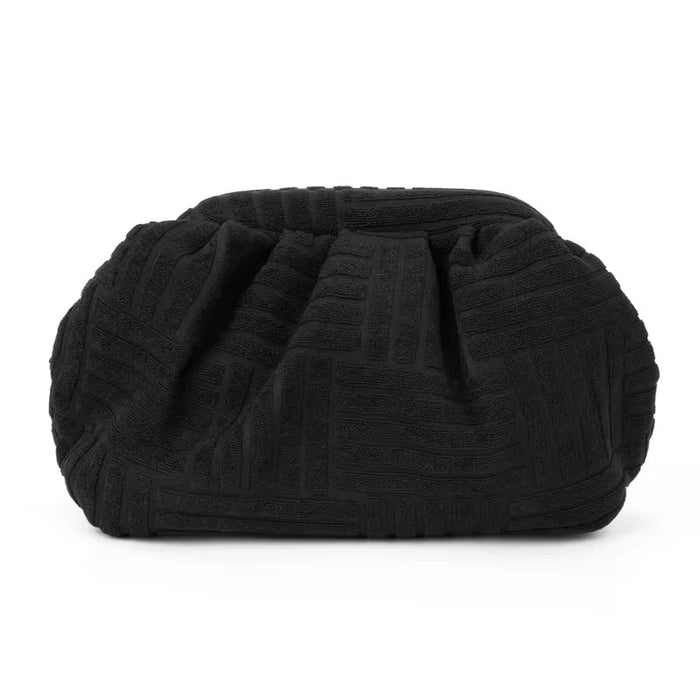 Black textured fabric clutch from Travellers Hat Boutique with a soft gathered design