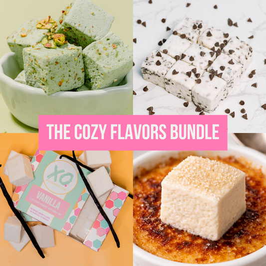 Collage of various marshmallow flavors with 'The Cozy Flavors Bundle' text overlay. XO Marshmallow flavors displayed include Pistachio, Chocolate Chip, Vanilla, and Creme Brulee. These are the flavors in the shop deemed the "most cozy"