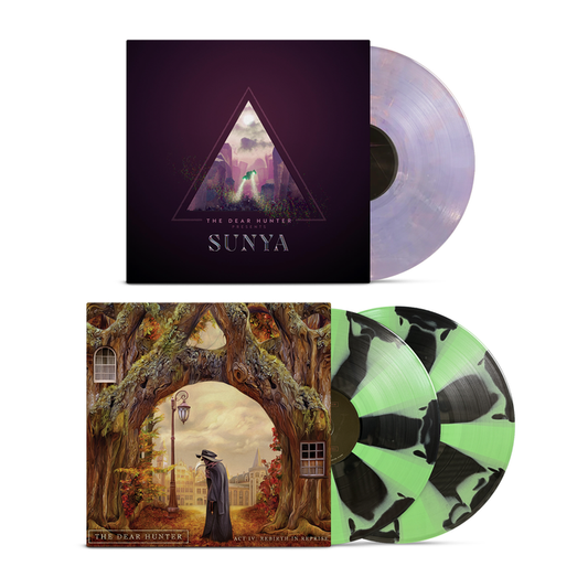 Two vinyl records from The Dear Hunter: Sunya in a purple sleeve with a clear lavender disc, and Act IV with an ornate cover and two green-black marbled discs.