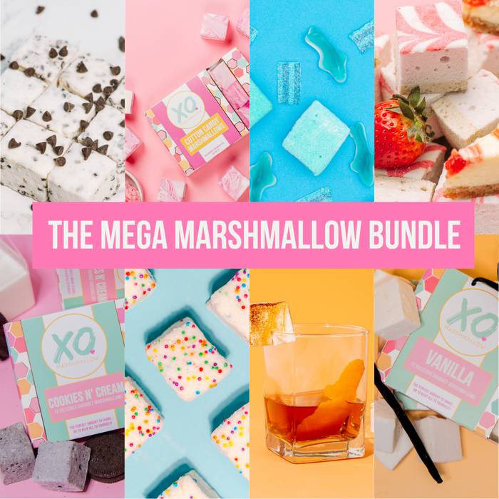 A collage of all 8 core marshmallow flavors from The Mega Marshmallow Bundle. Visible flavors include cotton candy, chocolate chip, cookies and cream, bourbon, funfetti, sour blue raspberry, strawberry cheesecake, and vanilla.