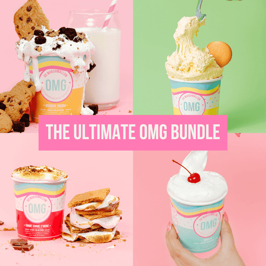 Promotional image of 'The Ultimate OMG Bundle' featuring a photo of each of the XO Marshmallow gourmet ooey marshmallow goodness that are available in the bundle. These flavors include Brookie Dough, Banana Pudding, Gimmie S'more and Vanilla.
