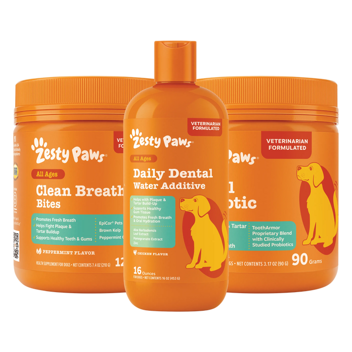 Zesty Paws pet care products including a jar, bottle, and container on a white background