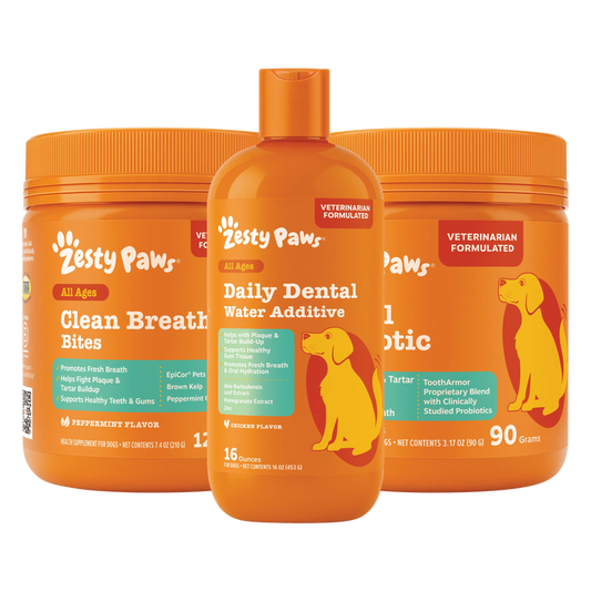 Zesty Paws pet care products including a jar, bottle, and container on a white background