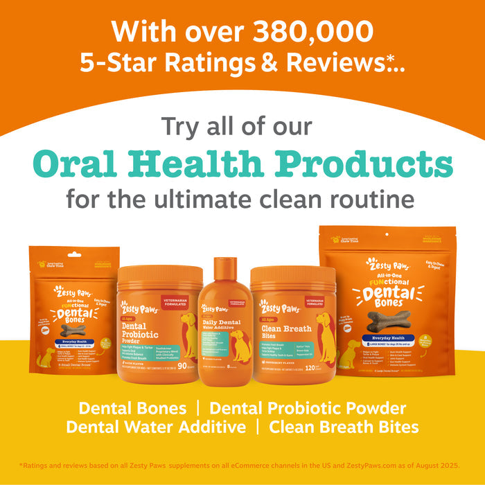 Orange bottle of Zesty Paws Daily Dental Water Additive for dogs displayed among other oral health products.