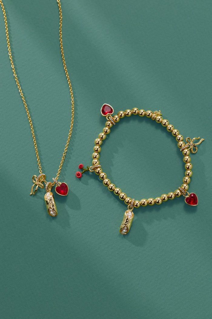 'There Cannoli Be You' Bow & Heart Beaded Charm Stretch Bracelet