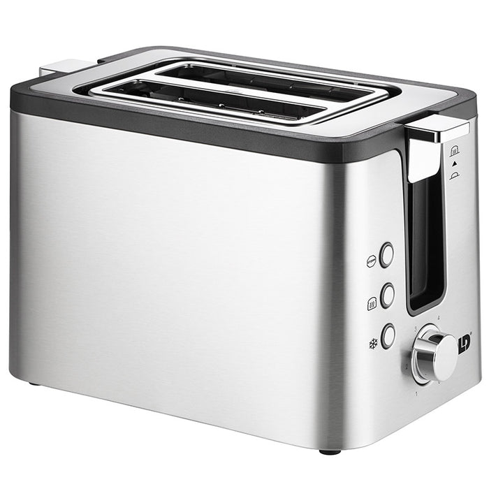 Der Unold Toaster 2er Kompakt ist ein Zweischeiben-Toaster aus Edelstahl mit Bedientasten, Drehregler und seitlichem Hebel, abgebildet vor weißem Hintergrund.