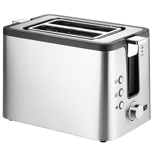 Der Unold Toaster 2er Kompakt ist ein Zweischeiben-Toaster aus Edelstahl mit Bedientasten, Drehregler und seitlichem Hebel, abgebildet vor weißem Hintergrund.