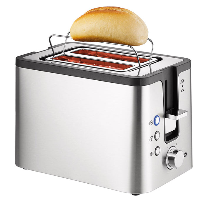 Der Unold Toaster 2 er Kompakt ist ein silberner Toaster mit zwei Schlitzen und einem oberen Rost zum Aufwärmen von Brötchen. Er verfügt über seitliche Tasten, einen Drehknopf und Kontrollleuchten.