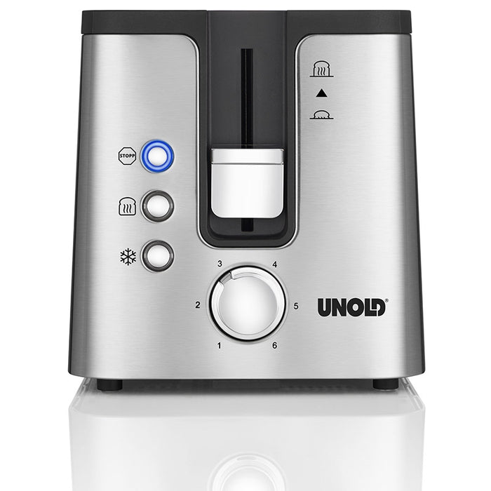 Vorderansicht des Unold Toaster 2 er Kompakt aus Edelstahl mit drei Tasten – Stopp, Aufwärmen und Auftauen –, einem zentralen Hebel, einem nummerierten Bräunungsrad und dem Markennamen Unold unten rechts.