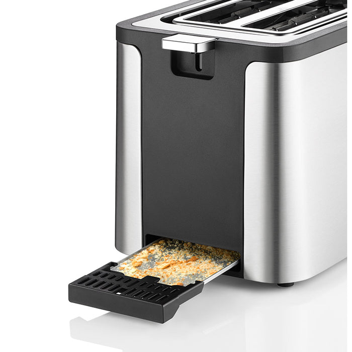 Eine Nahaufnahme des Unold Toaster 2 er Kompakt zeigt seine Edelstahlausführung und die herausnehmbare Krümelschublade, aus der die aufgefangenen Semmelbrösel herausgezogen werden können.