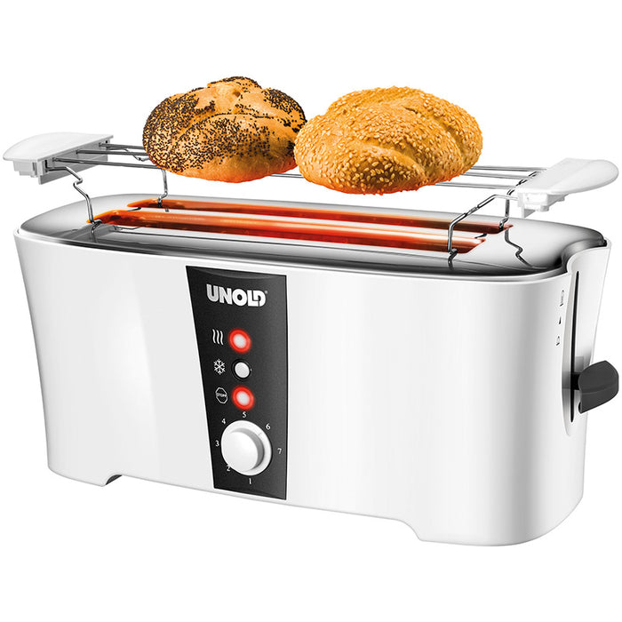 Der Unold Toaster Design Dual in Weiß verfügt über zwei Brötchenwärmer auf einem Metallrost über den Schlitzen, mit Bedientasten und Drehregler auf der Vorderseite und einem schwarzen Hebel an der Seite.