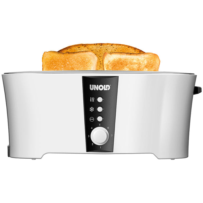 Ein weißer Unold Toaster Design Dual bietet Platz für zwei getoastete Scheiben und verfügt über Bedientasten und ein Drehrad auf der Vorderseite.