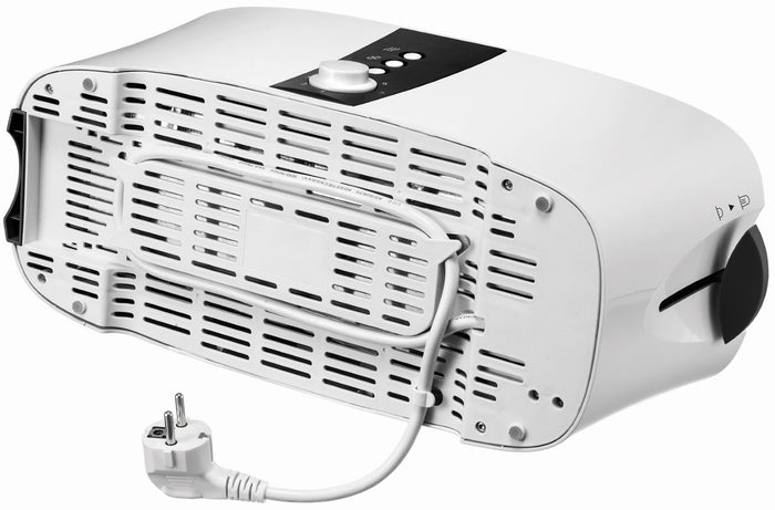 Der Unold Toaster Design Dual wird von unten gezeigt und zeigt Lüftungsschlitze, ein eingebautes zweipoliges Netzkabel und ein schwarzes Bedienfeld mit Tasten und einem Drehregler auf der Oberseite.