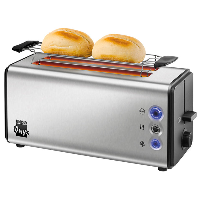 Der Unold Toaster Onyx Duplex ist ein Edelstahl-Toaster mit einem Rost zum Aufwärmen von zwei Brötchen über den Schlitzen sowie blauen LED-Kontrollleuchten und seitlichen Bedientasten.
