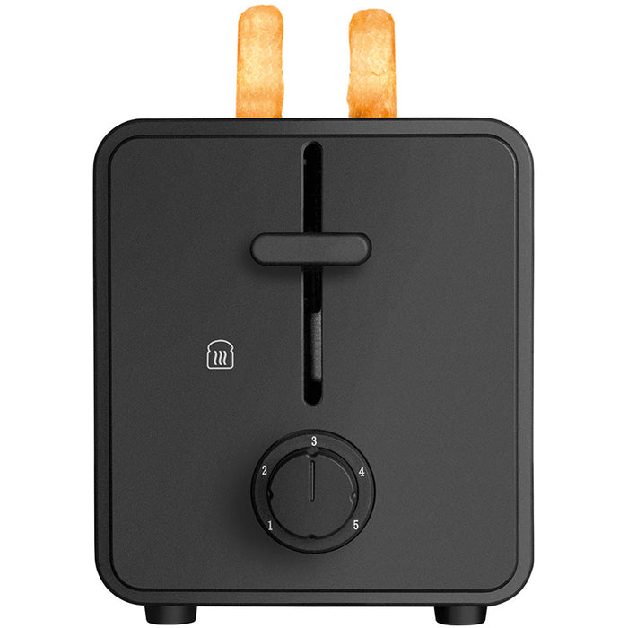 Der Unold Toaster Onyx Duplex ist von vorne abgebildet, mit zwei Toastbrotscheiben im oberen Bereich. Er verfügt über ein Ziffernblatt und einen Hebel zur Einstellung des Röstgrads.