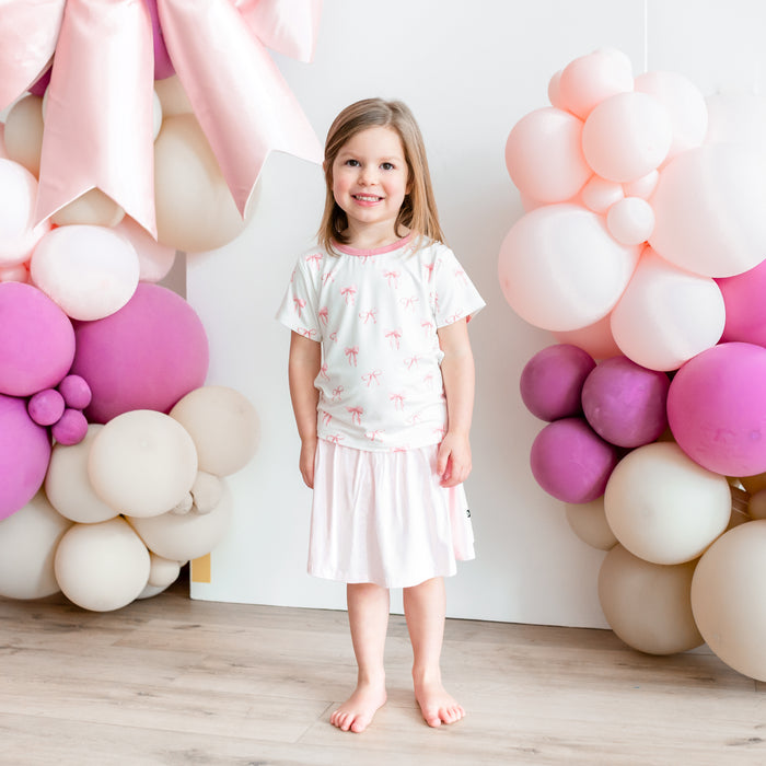 Child modeling Toddler Basic Tee in Bow and Sakura Skort