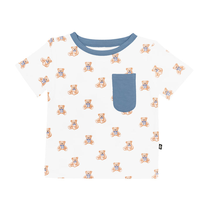 Kyte Baby's Toddler Crew Neck Tee in Teddy Bear with Slate colored accent pocket