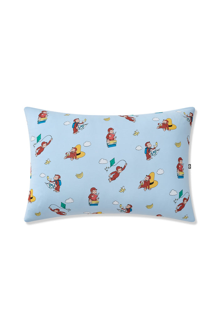 Blue Toddler Pillowcase in Curious George print on a white background