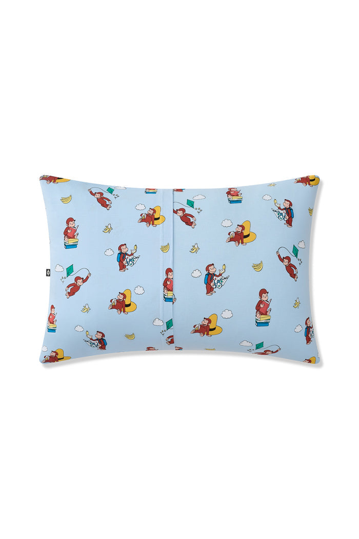 Back side of Blue Toddler Pillowcase in Curious George print on a white background