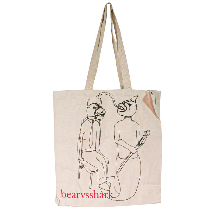 The bearvsshark beige 14x14 canvas tote bag features line art of a bear-headed figure on a stool and a shark-headed figure with a staff. "Bearvsshark" is printed in red, making it perfect for daily use.