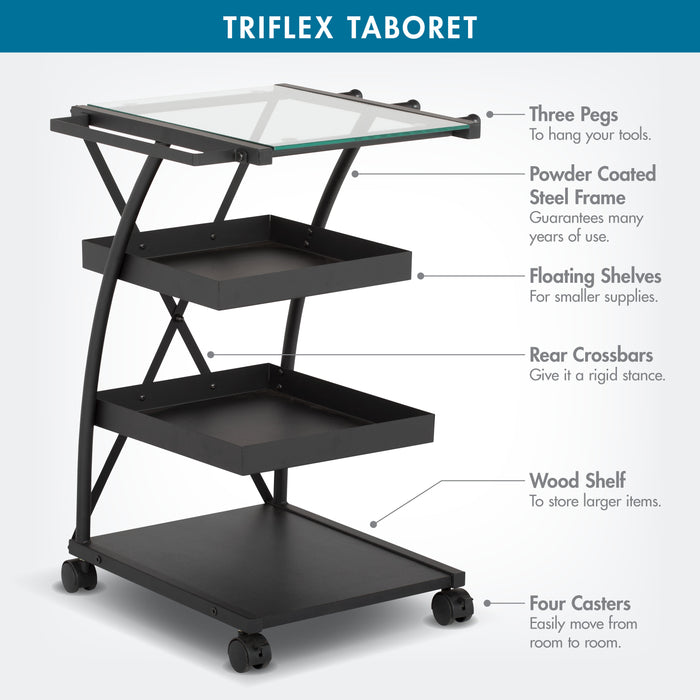 Triflex Mobile Metal, 4-Shelf Art and Craft Taboret/ Organizer Cart- Black/ Glass 13273