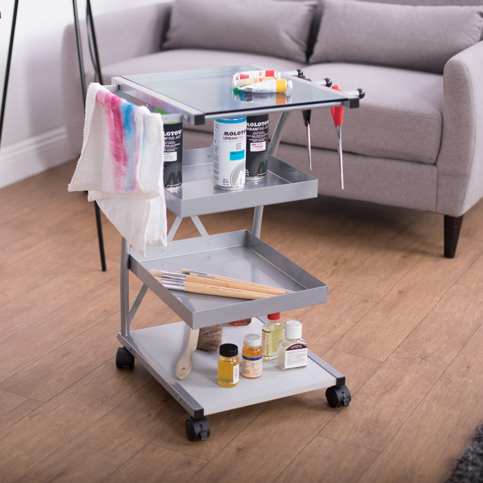 Triflex Mobile Metal, 4-Shelf Art and Craft Taboret/ Organizer Cart- Silver / Blue Glass 13274