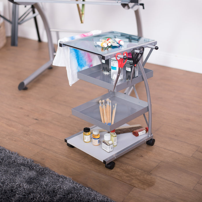 Triflex Mobile Metal, 4-Shelf Art and Craft Taboret/ Organizer Cart- Silver / Blue Glass 13274
