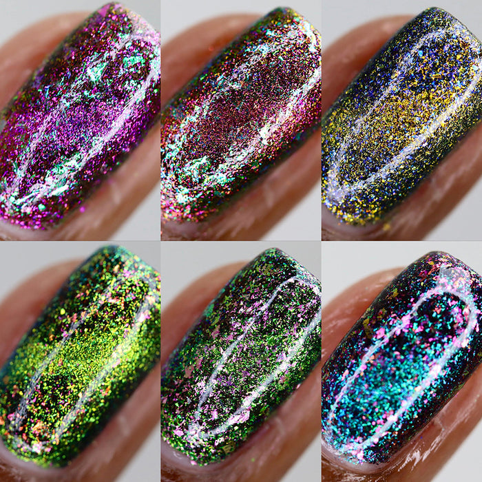 Collage of six close-up nail swatches of the Trip-Adelic Nail Lacquers on medium skin tone.