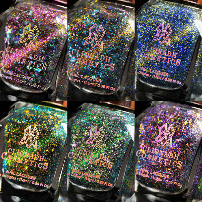 Collage of six close-up nail polish bottles from the Trip-Adelic Nail Lacquer Bundle on a black background.