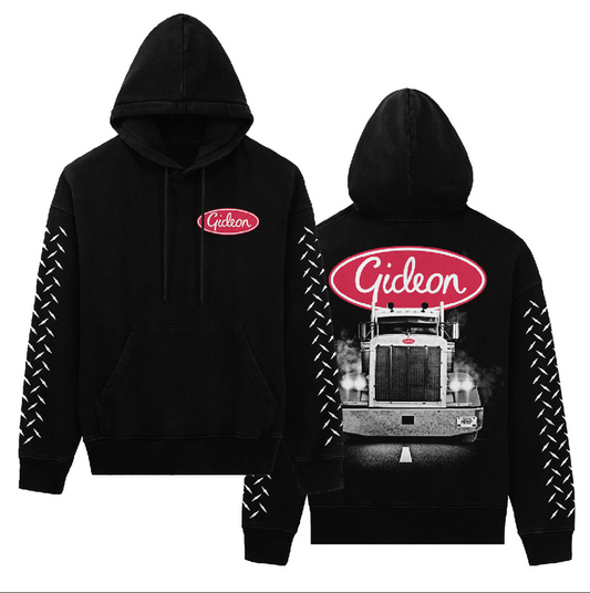 Stay bold in the Gideon Pullover Hoodie, featuring a front left chest Gideon logo, a semi-truck graphic with Gideon above on the back, and tire track sleeve designs.