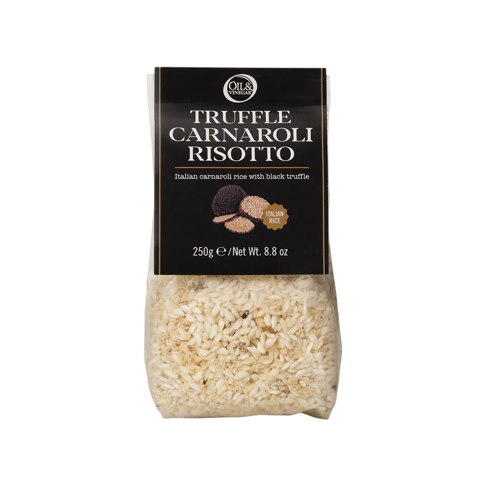 Packaging of Truffle Carnaroli Risotto, showing the product name, weight, and images of truffles and rice.