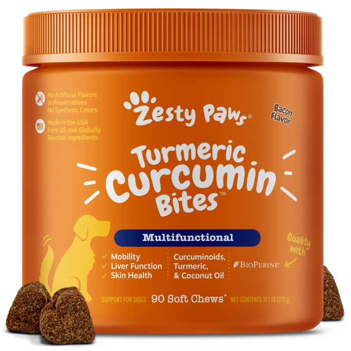 Orange jar of Zesty Paw Turmeric Curcumin Bites dog supplements with brown soft chews displayed in front.