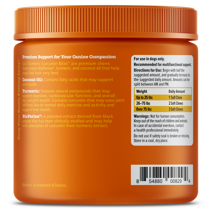 Orange jar with ridged lid containing turmeric curcumin dog chews, labeled with ingredient information and dosage instruction