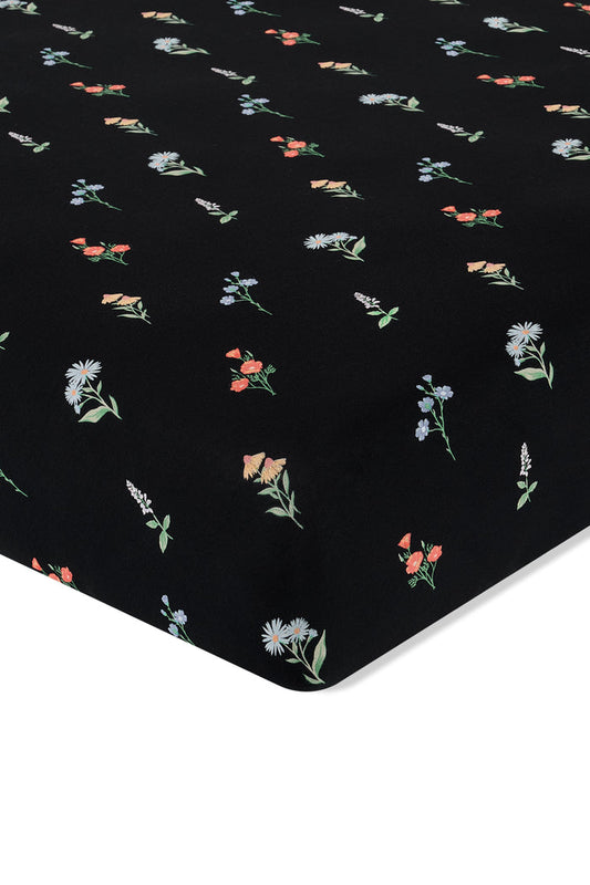 Black Twin Sheet in Wildflower print on a white background