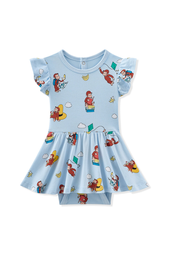 Blue Twirl Bodysuit Dress in Curious George print on a white background