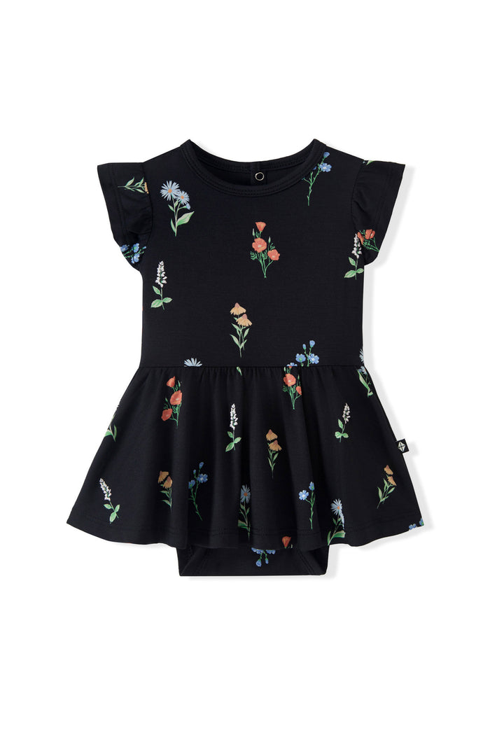 Black Twirl Bodysuit Dress with Wildflower print on a white background